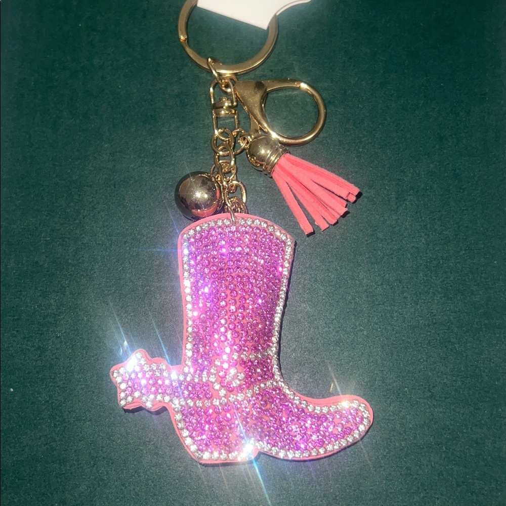 π Pink Rhinestone Cowboy Boot Keychain with Tassel - Picture 2 of 3